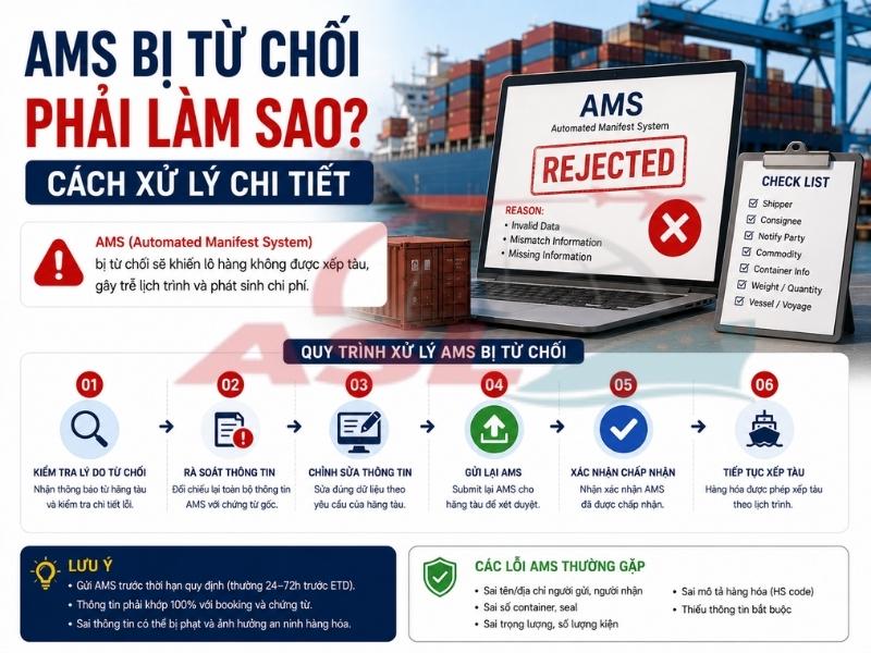 Hướng dẫn xử lý khi AMS bị từ chối, nguyên nhân thường gặp và cách tránh bị phạt khi xuất khẩu đi Mỹ.