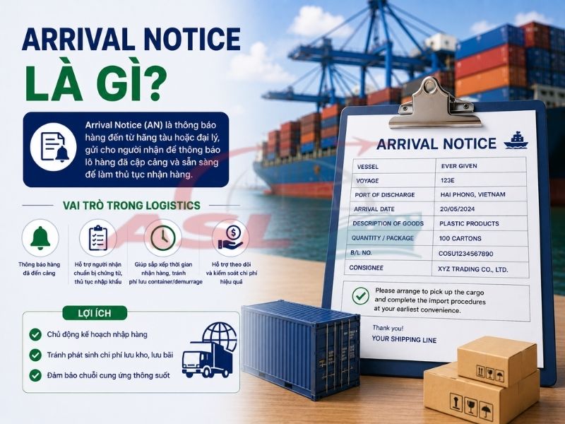 Giải thích arrival notice là gì và vai trò của giấy báo hàng đến trong vận tải quốc tế.