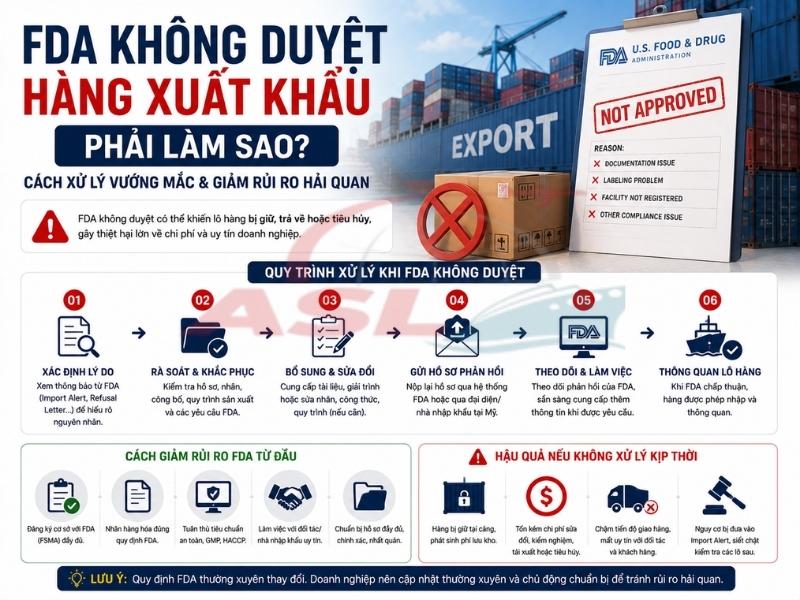 Hướng dẫn xử lý khi FDA không duyệt hàng xuất khẩu sang Mỹ và các lỗi doanh nghiệp thường gặp.