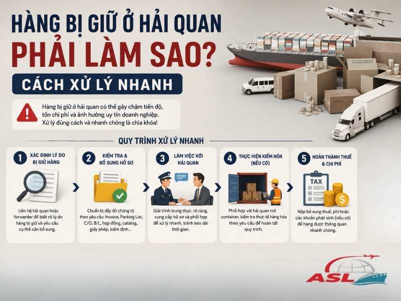 Hướng dẫn xử lý khi hàng bị giữ ở hải quan, nguyên nhân thường gặp, quy trình thông quan và cách giảm rủi ro cho doanh nghiệp xuất nhập khẩu.