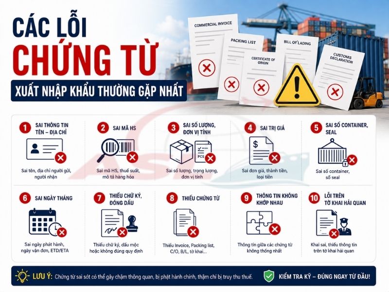 Tổng hợp các lỗi chứng từ xuất nhập khẩu phổ biến và kinh nghiệm hạn chế rủi ro cho doanh nghiệp.