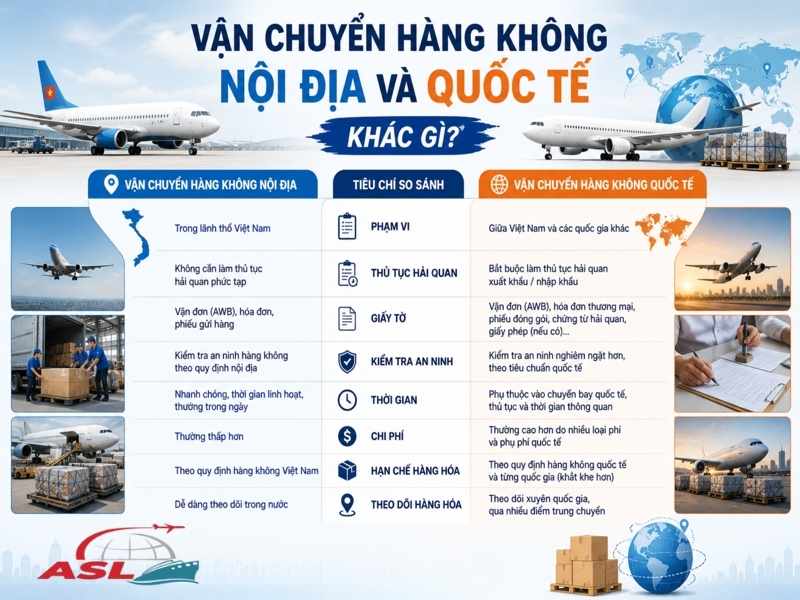 So sánh vận chuyển hàng không nội địa và hàng không đi quốc tế chi tiết.