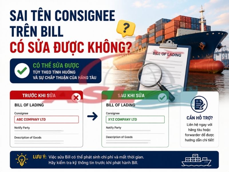 Tìm hiểu quy trình sửa tên consignee trên bill, chi phí chỉnh sửa và các lưu ý quan trọng khi xuất nhập khẩu.