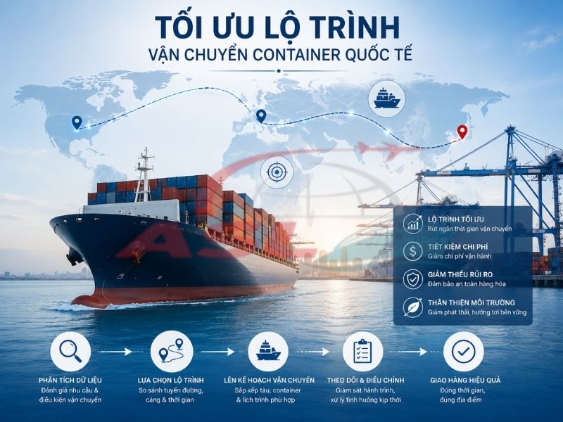 Hướng dẫn tối ưu lộ trình vận chuyển container đi quốc tế giúp giảm chi phí và thời gian.